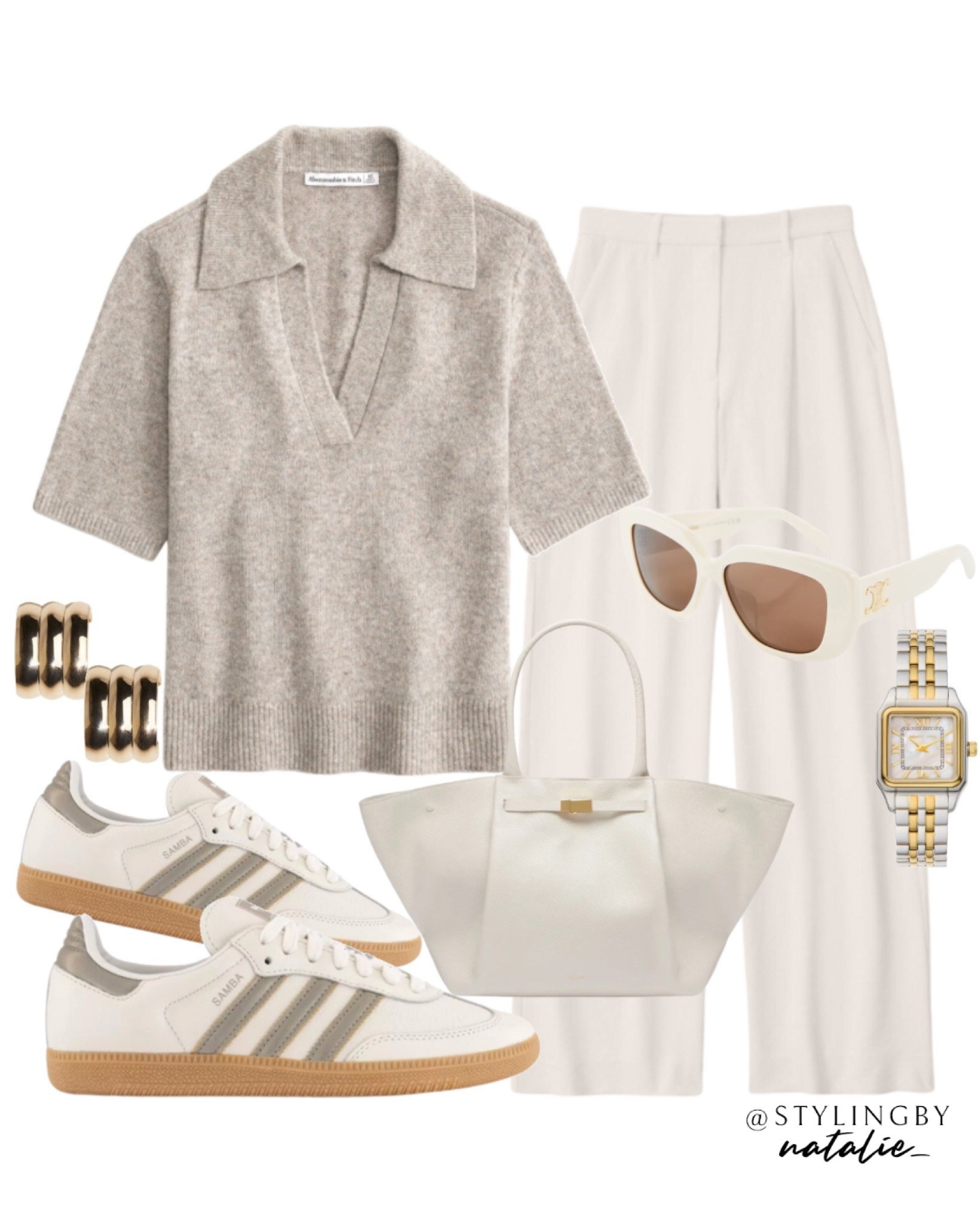 Knit polo top, tailored trousers, adidas samba trainers, Demellier tote bag, gold earrings & celine sunglasses.
Neutral outfit, work outfit, beige look.

#LTKworkwear #LTKeurope #LTKstyletip