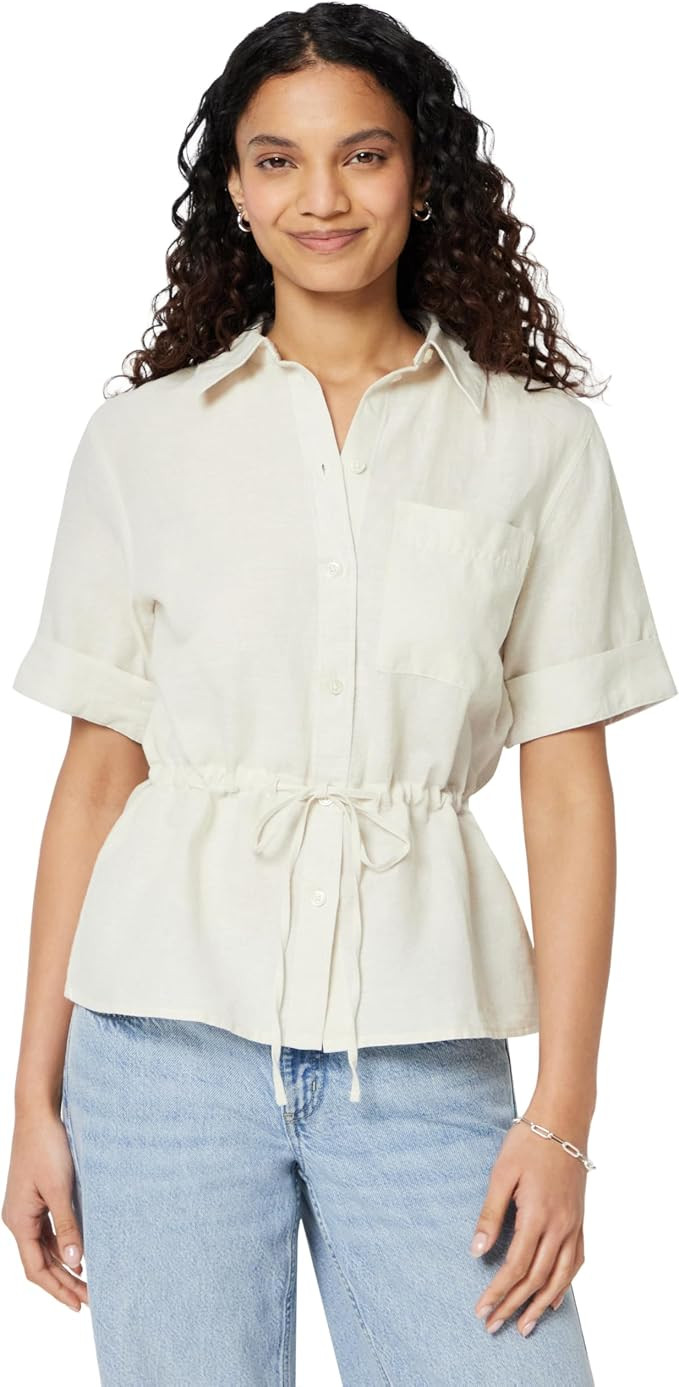 Amazon Essentials Women's Relaxed-Fit Linen Blend Wide Sleeve Shirt with Adjustable Waist Black | Amazon (US)