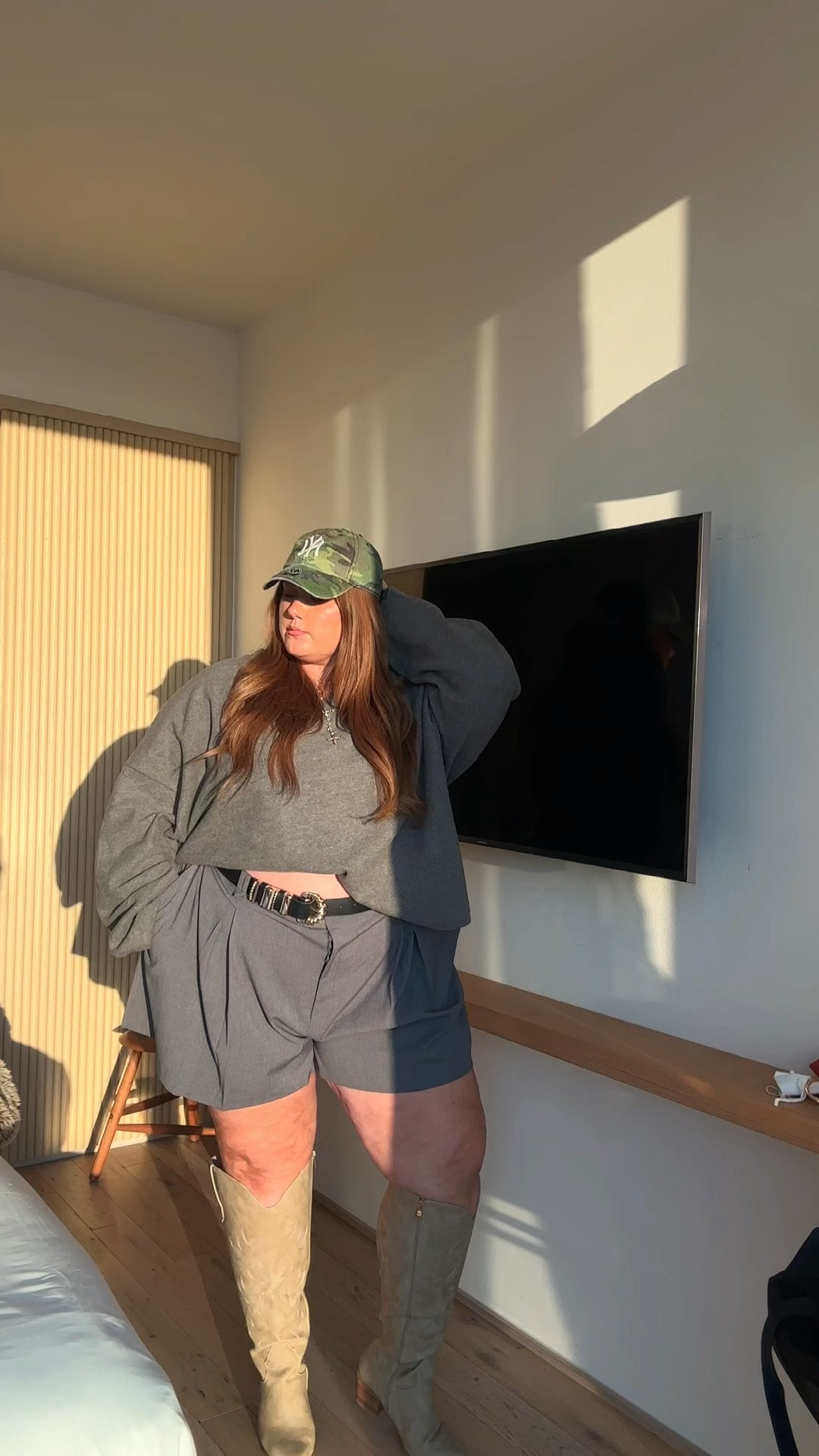 Plus size work wear but make it street style!! 

Shorts- US22
Sweater- US24/26 (should have sized down)

Autumn outfit, fall outfit, western boot, wide calf boot, trouser shorts, camo hat

#LTKplussize #FashionMonth #LTKautumn