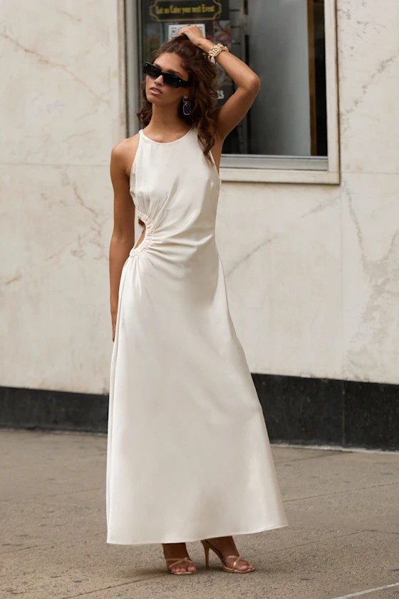 Cherita Champagne Satin Cutout Maxi Dress | Lulus