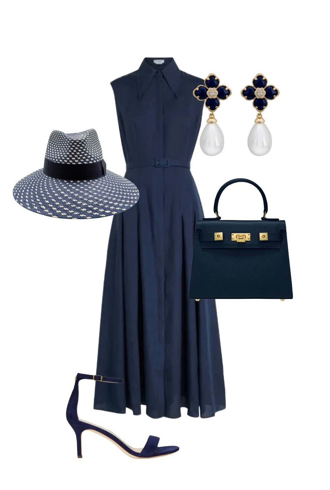 
Fit for a princess, this classic navy ensemble will take you from summer in Rome to Wimbledon. 

Navy Collared Belted Sleeveless Midi Dress - Gabriela at Farfetch

Navy Leather Bag - Lalage Beaumont

Navy Fedora - Wolf & Badger

Clover Pearl Drop Earrings -Latelita at Wolf & Badger

Navy Ankle Strap Sandal Heels - Ralph Lauren 

#LTKluxury #LTKsummer #LTKeurope