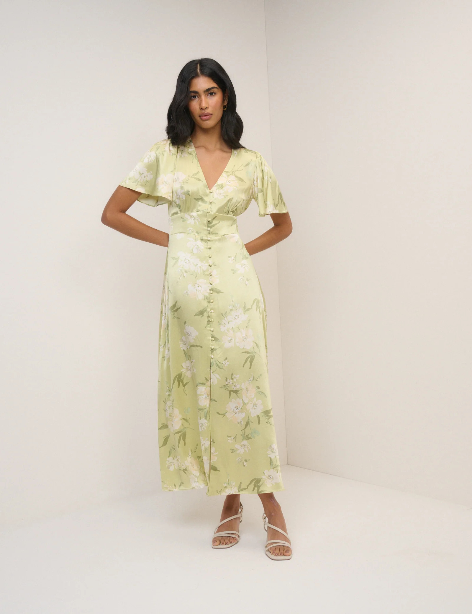 Sage Green Floral Satin Erin Maxi Dress | Nobody's Child