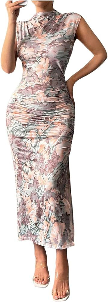 Milumia Women's Ruched Floral Sleeveless Bodycon Midi Dress Mock Neck Slit Thigh Dresses | Amazon (US)