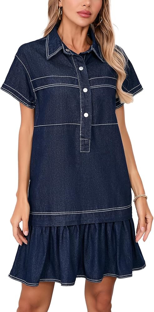 Women's Cotton Drop Waist Ruffle Hem Shirt Dress Short Sleeve Button Down Tunic Dress with Pocket... | Amazon (US)