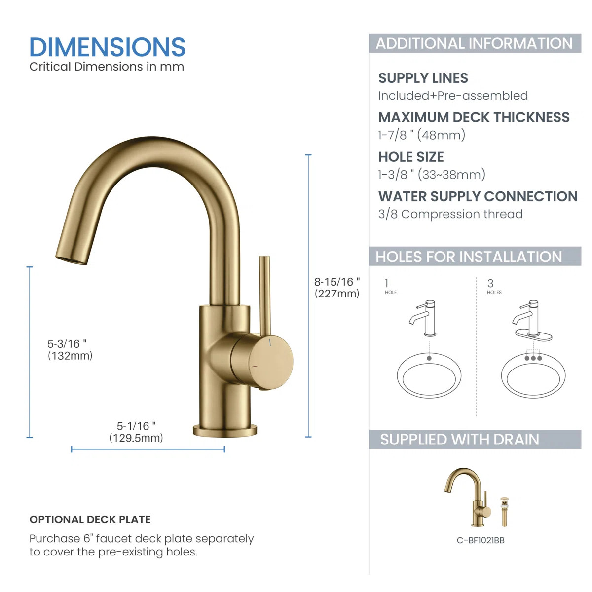 Circular Single Hole Bathroom Faucet with Drain Assembly C-KBF1021BB | Wayfair North America