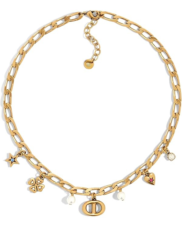 18k Gold Pearl Letter Lucky Charm Pendant Necklace for Women, Adjustable Chain with Heart, Star, ... | Amazon (US)