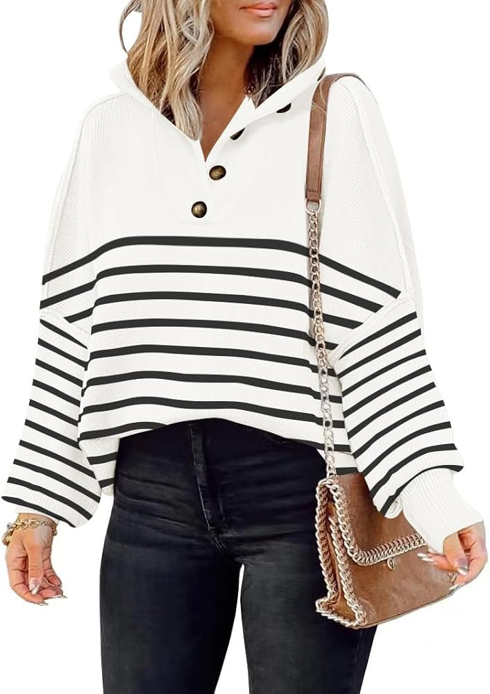 Women's Long Sleeve Button Up Drop Shoulder Sweaters 2023 Fall Oversized Slit Side Knit Pullover ... | Amazon (US)