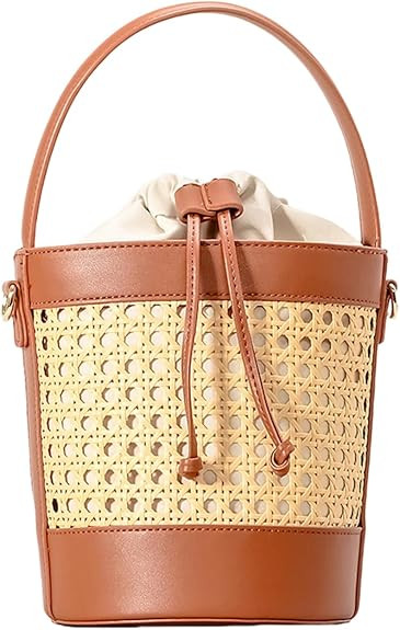 Woven Straw Beach Bag for Women, Summer Bucket Bag Top-handle Tote Handbag Drawstring Rattan Purs... | Amazon (US)