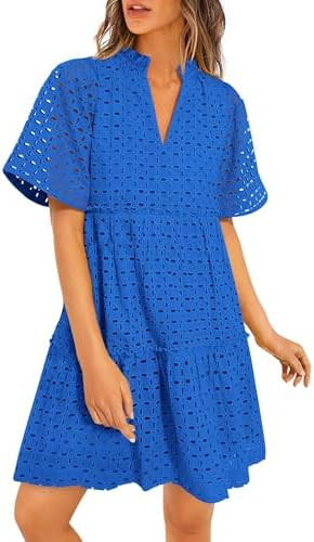 PRETTYGARDEN Eyelet Dresses for Women 2026 Summer Short Sleeve V Neck Hollow Out Ruffle A Line Bo... | Amazon (US)