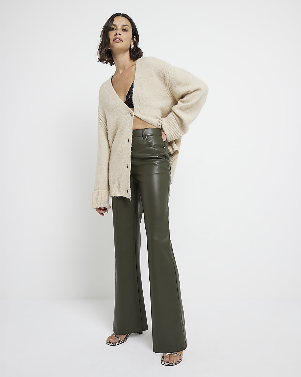 Khaki faux leather straight trousers | River Island (UK & IE)