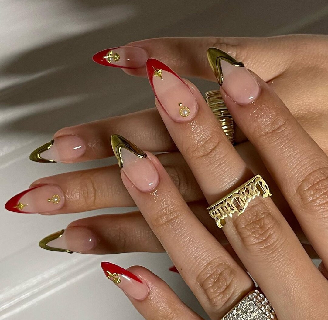 Red Golden Chrome French Nails /japanese Nails /custom Press on Nails/ Hand Made Press on Nails/f... | Etsy (US)