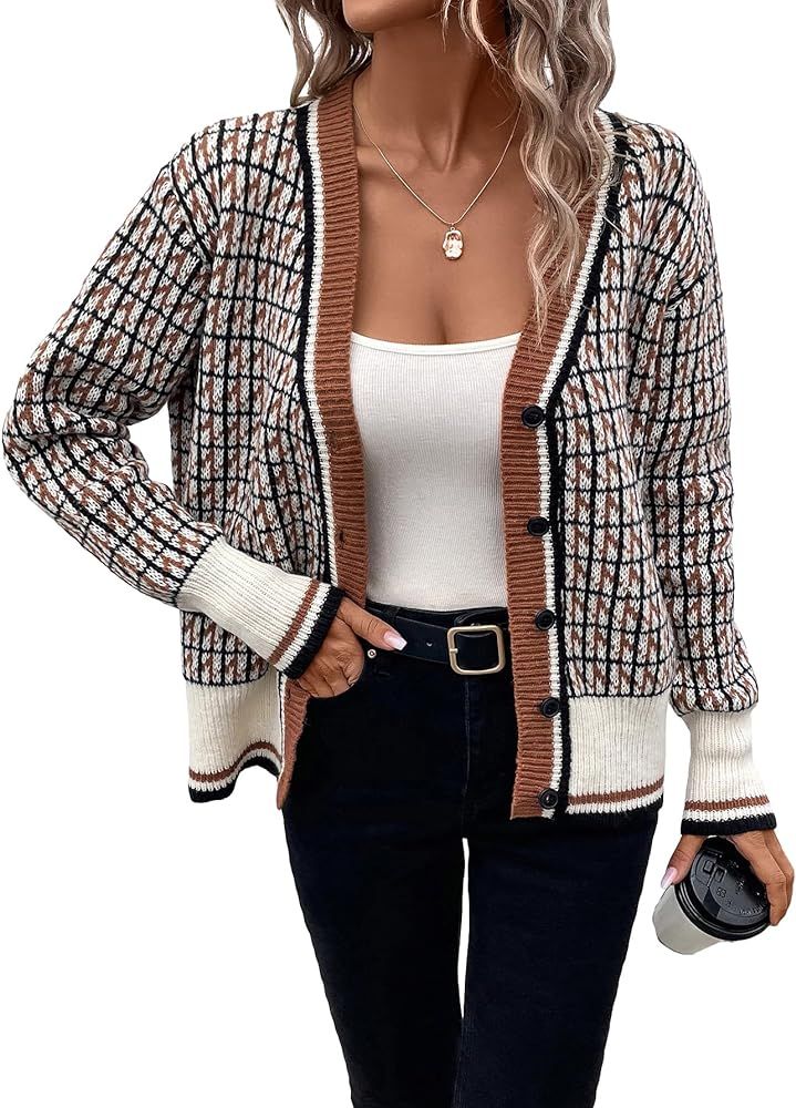 SHENHE Women's Plaid V Neck Button Down Color Block Casual Loose Cardigan Sweater | Amazon (US)