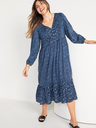 Long-Sleeve Fit & Flare Tiered Midi Dress for Women | Old Navy (US)