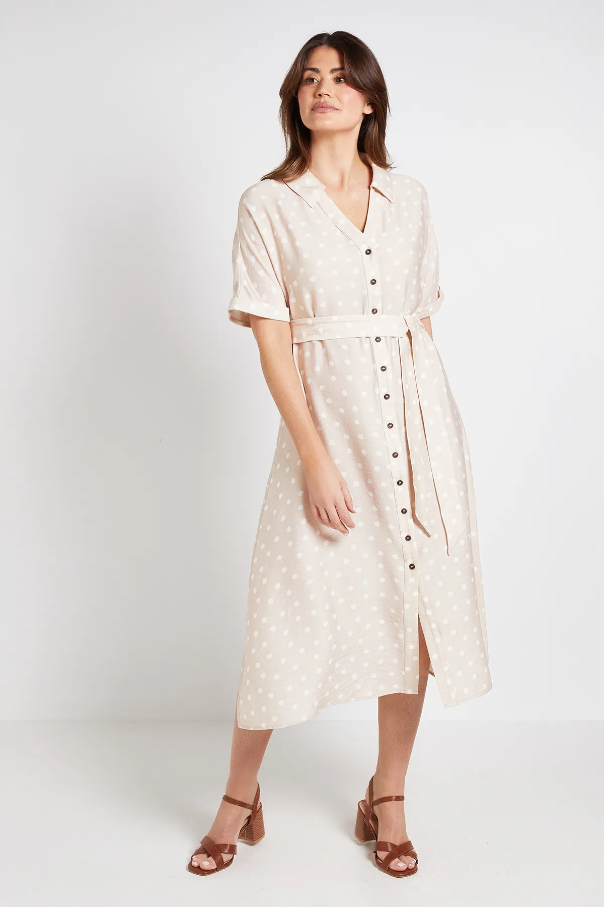Stone Wallis Summer Polka Dot Button Tea Dress | Wallis | Wallis UK