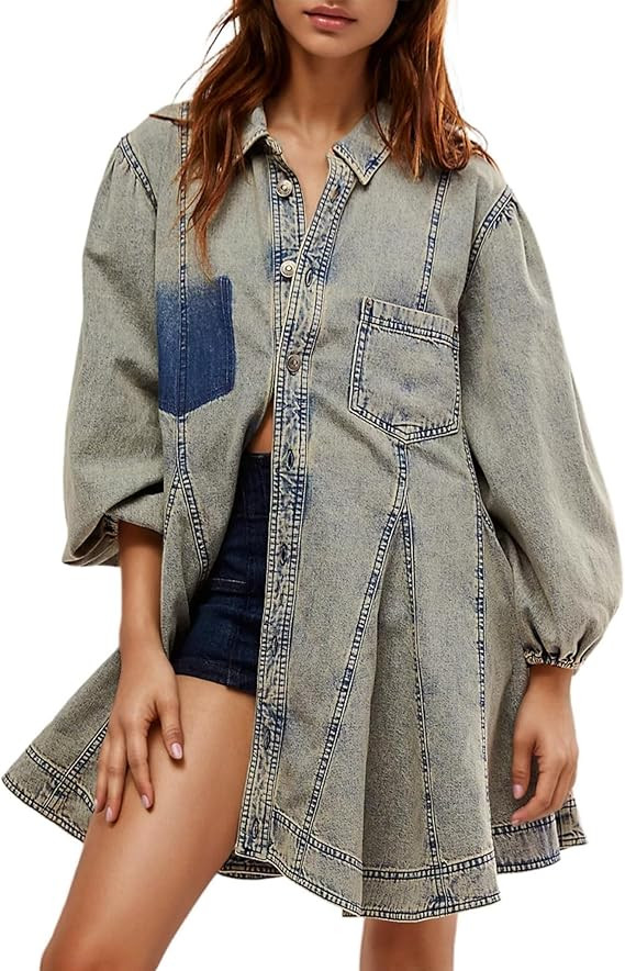 Gozoloma Women's Denim Dress Long Balloon Sleeves Button Down A Line Swing Ruffle Jean Mini Babyd... | Amazon (US)