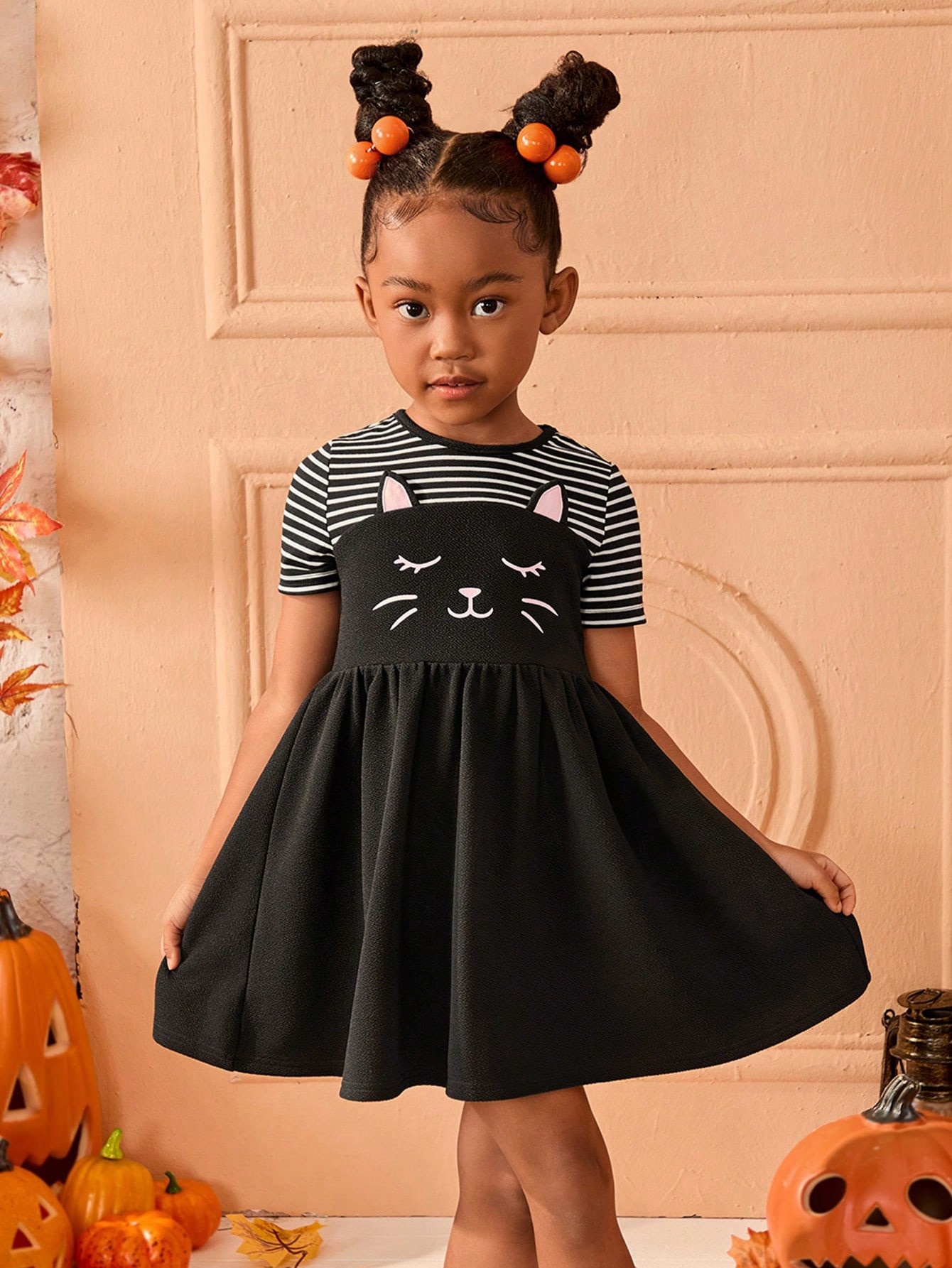 SHEIN Young Girl Girl Knitted Solid Color Striped Contrast Cat Pattern Casual Dress | SHEIN