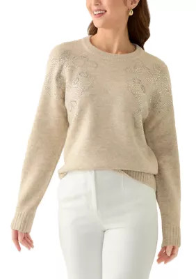 Vince Camuto Women's Petite Embellished Long Sleeve Crew Neck Sweater | Belk