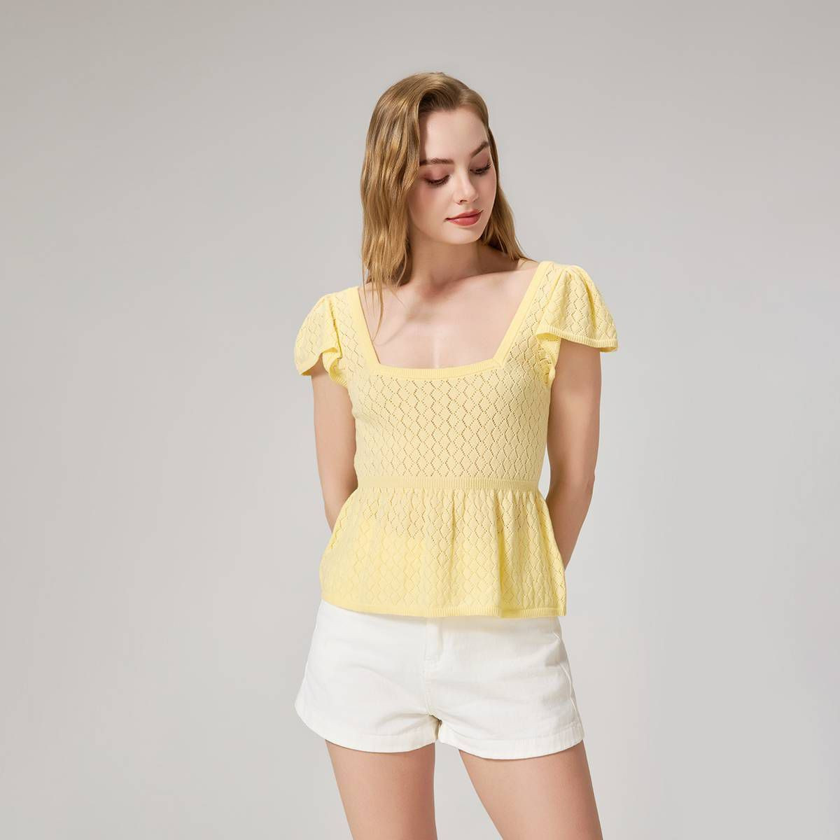 Women's Flutter Cap Sleeve Pointelle Square Neck Babydoll Sweater - Wild Fable\u2122 Light Yellow... | Target