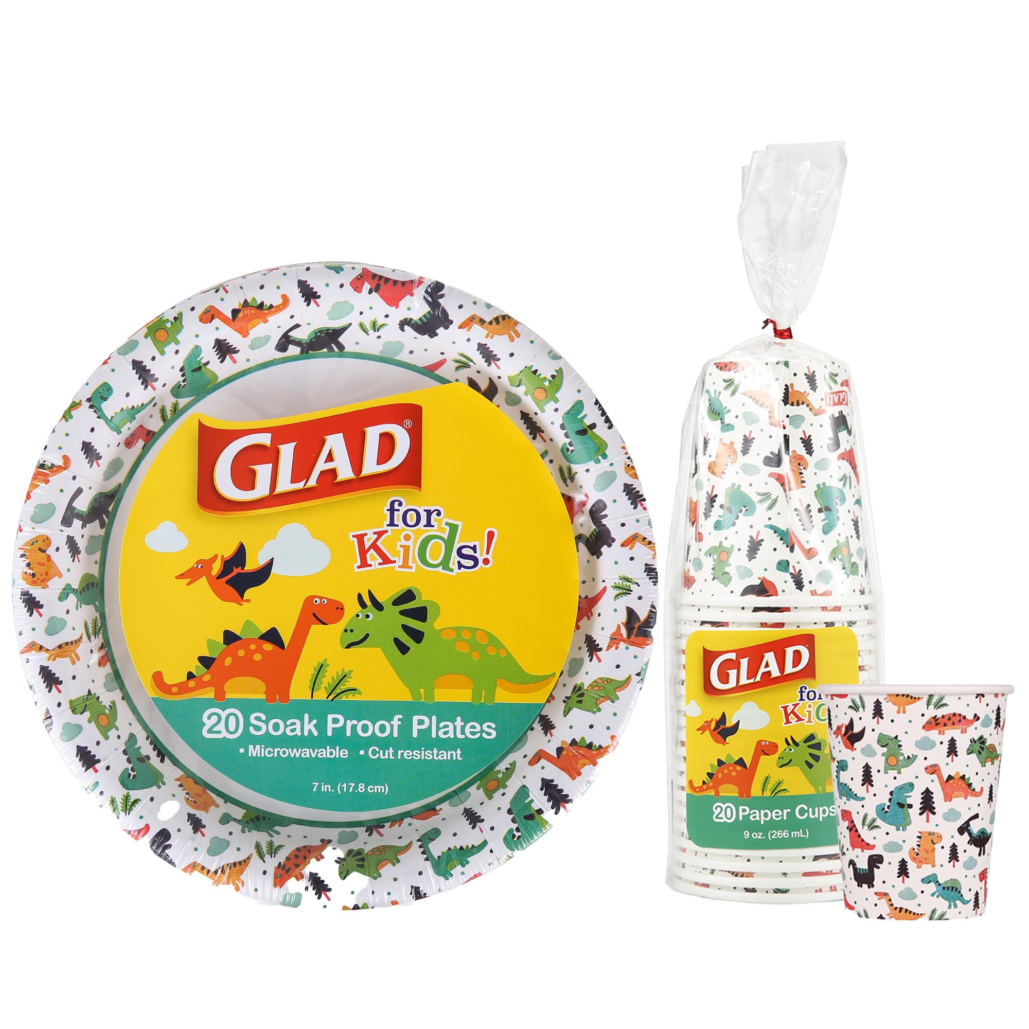 Glad for Kids Dinosaur Paper Plates & Cups Bundle - Soak-Proof 7" Microwavable Plates & Durable 9... | Amazon (US)