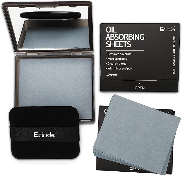 Erinde Oil Blotting Sheets for Face with Mirror and Puff, 300 Sheets Oil Blotting Paper for Oily Skin, Face Oil Absorbing Sheet, Natural Oil Control Film, Absorb Excess Oil, Bamboo Charcoal | Amazon (US)