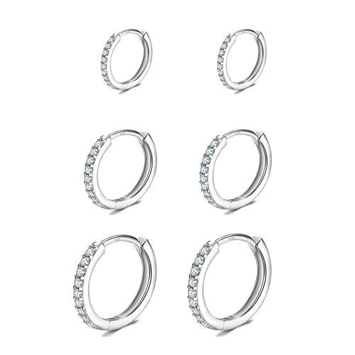3 Pairs Sterling Silver Small Hoop Earrings Cubic Zirconia Cuff Earrings | Tiny Cartilage Huggie Hoop Earrings Piercing Jewellery for Women（7.5mm 10mm 12mm） | Amazon (US)