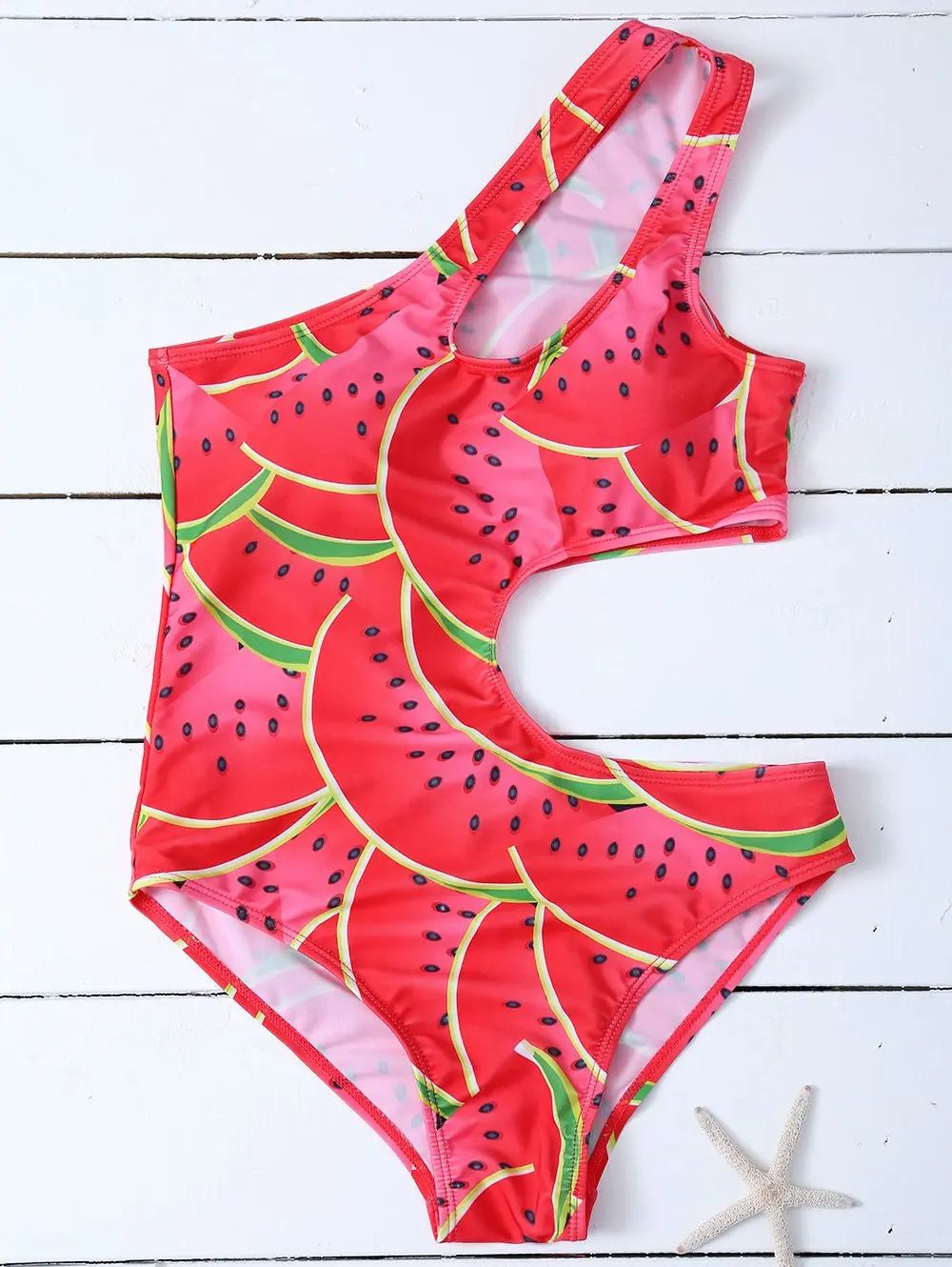 One-Shoulder Watermelon Print One Piece Swimsuit | Rosegal US