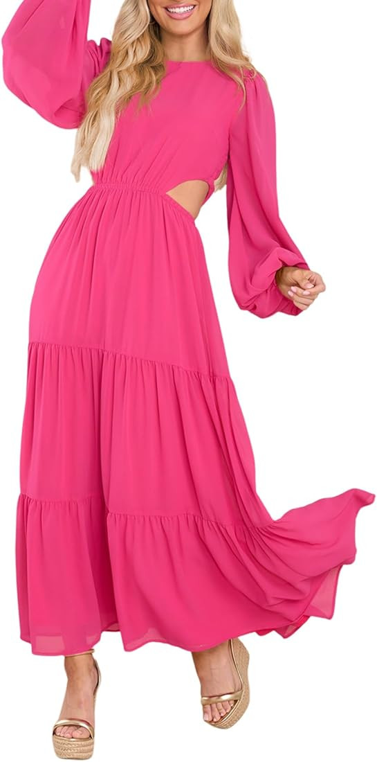 AlvaQ Women's Sundress Lantern Sleeve Maxi Dress Cocktail High Waist Cut Out Boho Dress Long Wedd... | Amazon (US)