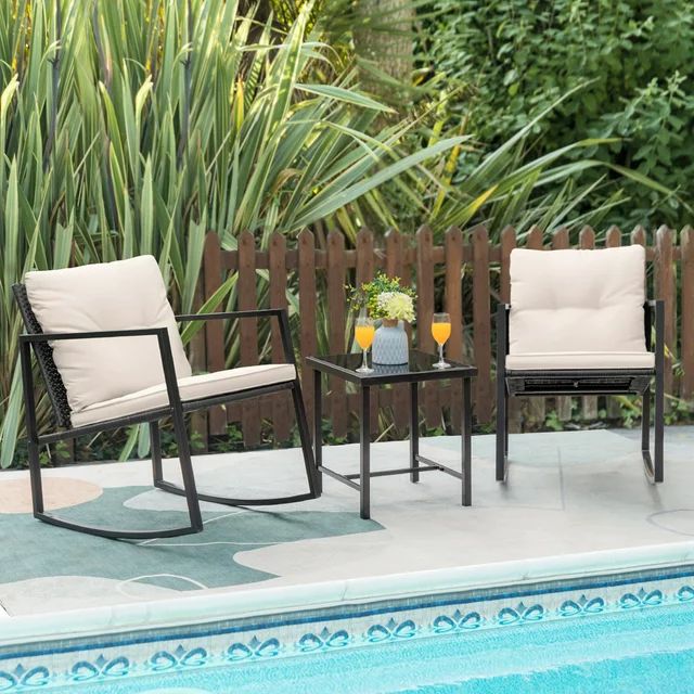 Lacoo 3 Pieces Patio Furniture Set Rocking Wicker Bistro Sets Modern Outdoor Cushioned Chair ,Whi... | Walmart (US)