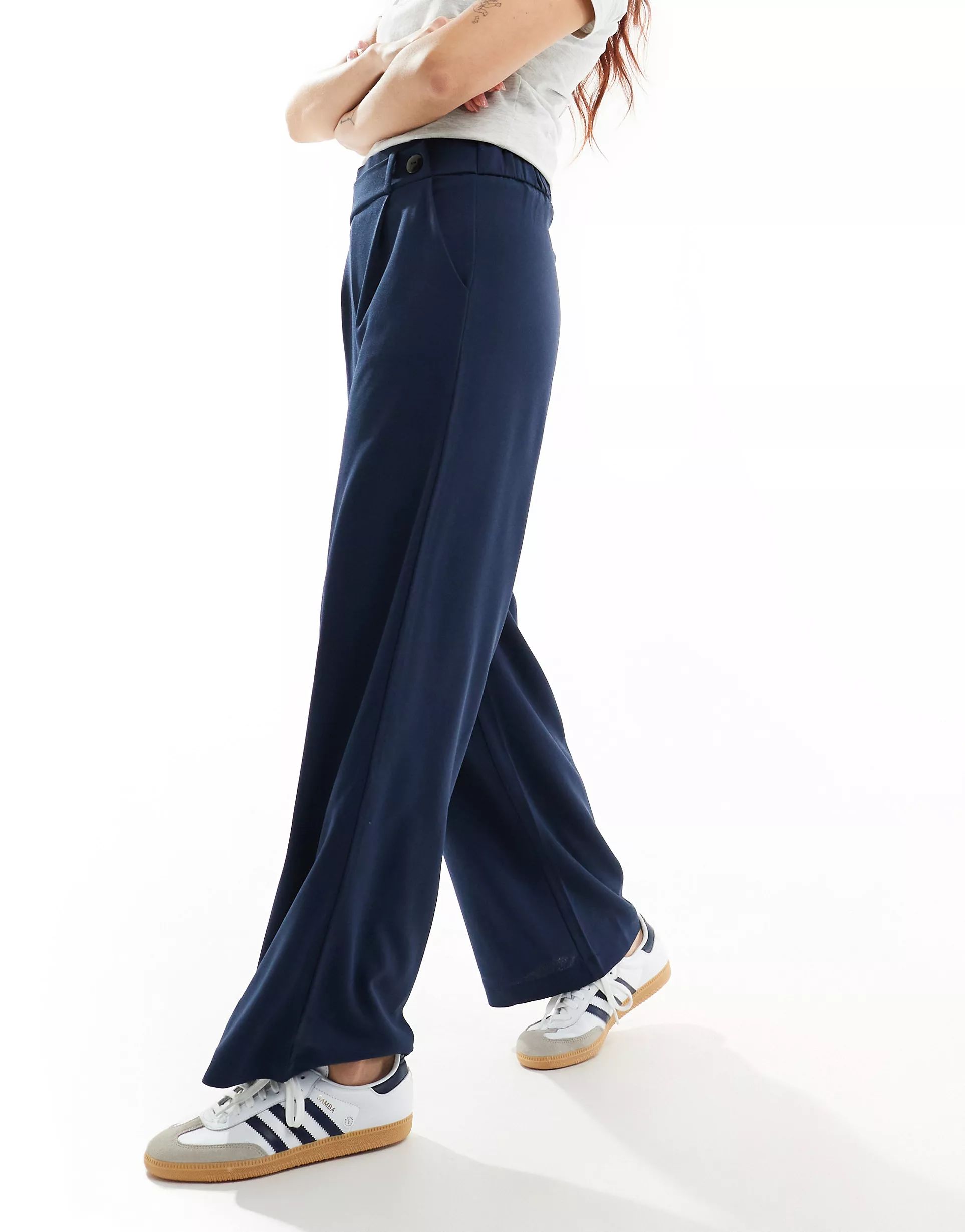 JDY button detail wide leg dad trousers in navy | ASOS (Global)