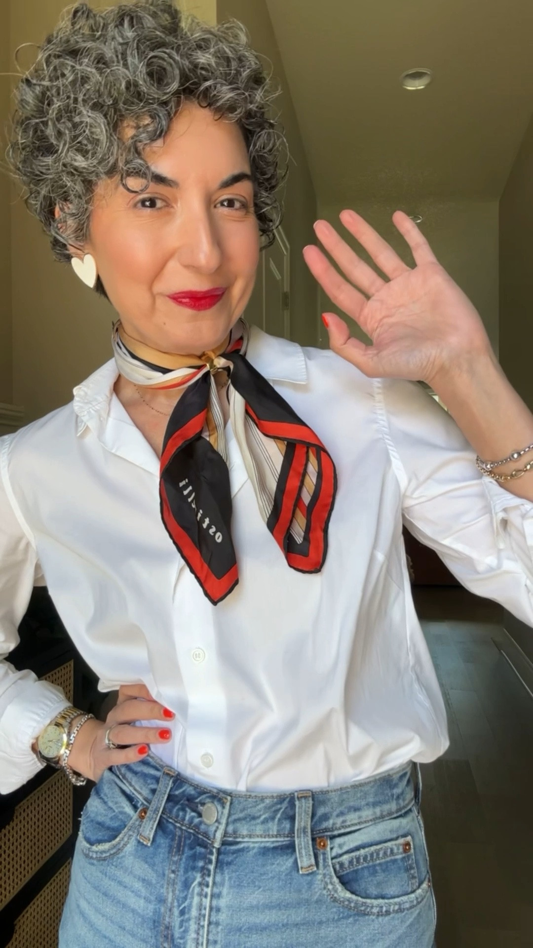 Ring Scarf Hack…this is so cute, so easy and adds a little jewelry to your neckline too! My exact scarf is vintage but I linked a ton of similar styles. My scarf measures just under 35”. Linked blouse, earrings and jeans too!
