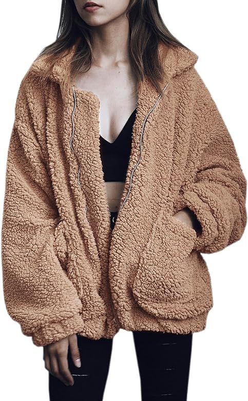 Women's Coat Casual Lapel Fleece Fuzzy Faux Shearling Zipper Warm Winter Oversized Outwear Jacket... | Amazon (US)