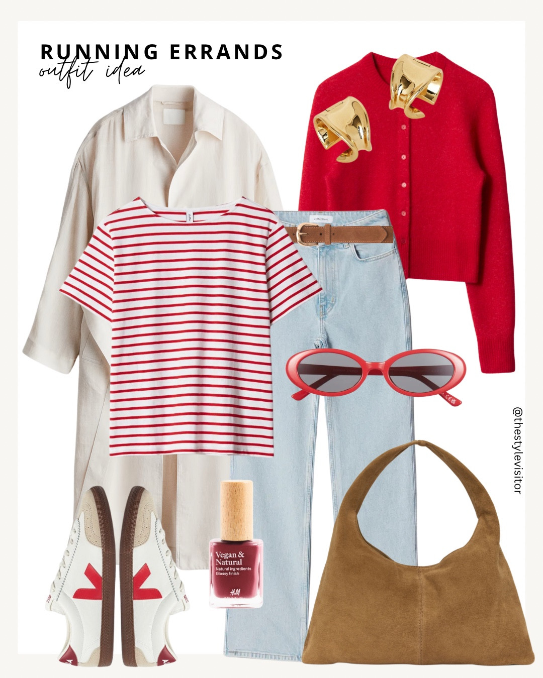 Running Errands Outfit Idea

Stripes + sneakers + coffee = the ultimate running errands vibe. Cool, comfy, & still cute. ☕️
Tap the 🖤 to save this look so it’s easy to shop later!

Keywords:
red stripe tee, beige shirt jacket, cropped red cardigan, blue straight jeans, veja sneakers, suede slouch bag, red oval sunglasses, vegan red nail polish, casual weekend outfit, comfy everyday look, spring coffee run outfit, classic French stripes, errands outfit inspo, off-duty chic style, capsule neutral look, H&M spring outfit, Parisian spring fashion, modern casual outfit, red and denim outfit, spring uniform