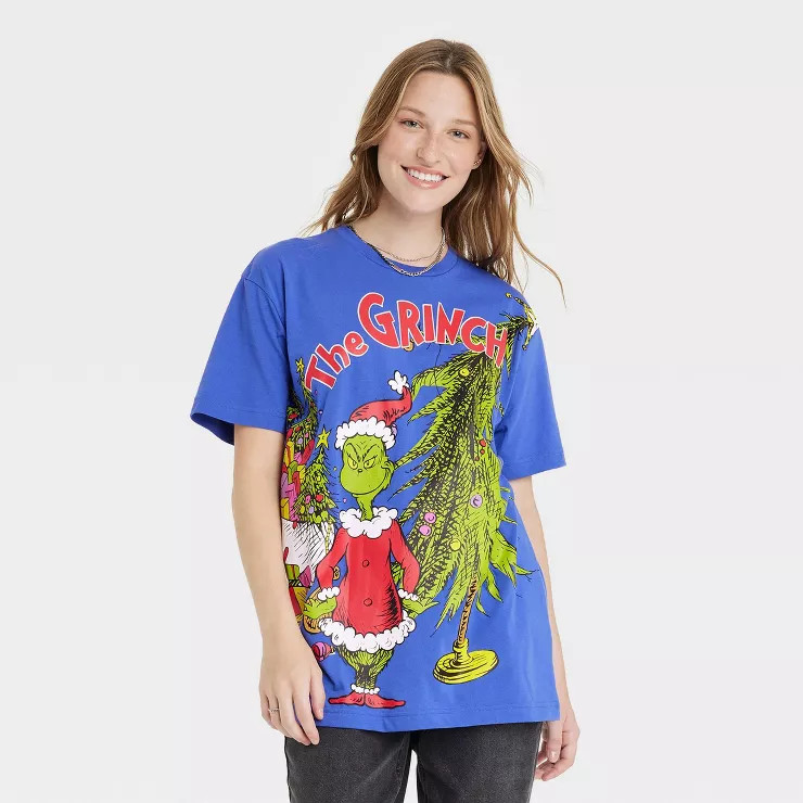 Women's The Grinch Short Sleeve Graphic Oversized T-Shirt - Blue | Target