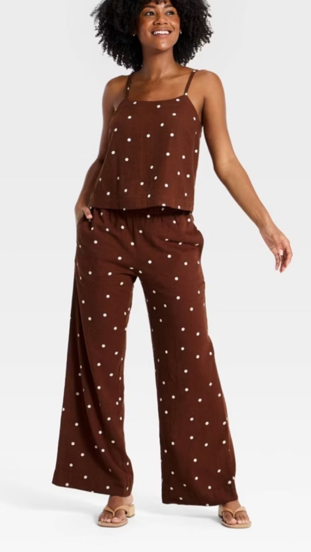 Brown and white polka dot linen set 

Tank top pants come in regular short and long 
also have shorts option

#LTKootd #LTKdayinmylife #LTKTravel
