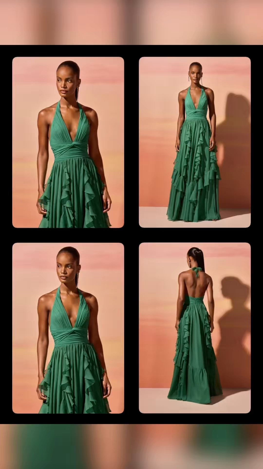 Emerald green chiffon gown by PatBO featuring a deep halter neckline, tiered ruffles, and a full flowing skirt. Perfect for resort events, weddings, and luxury travel styling.

#LTKHoliday #LTKBeauty #LTKTravel