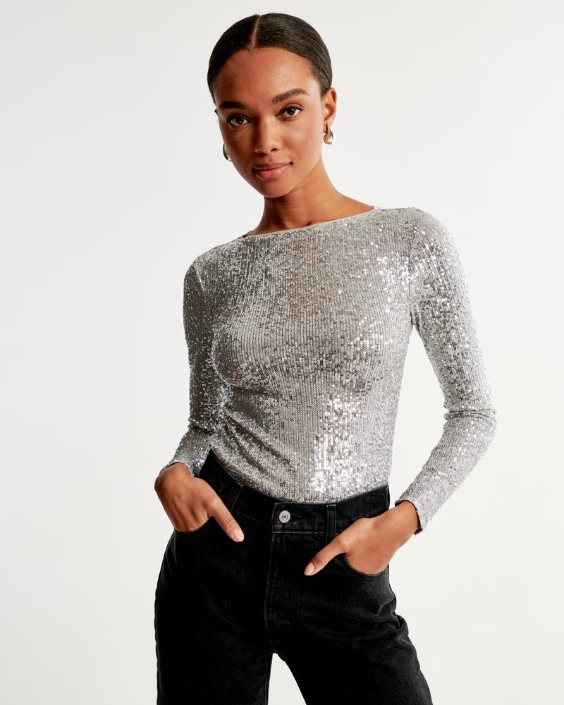 Long-Sleeve Sequin Boatneck Top | Abercrombie & Fitch (US)