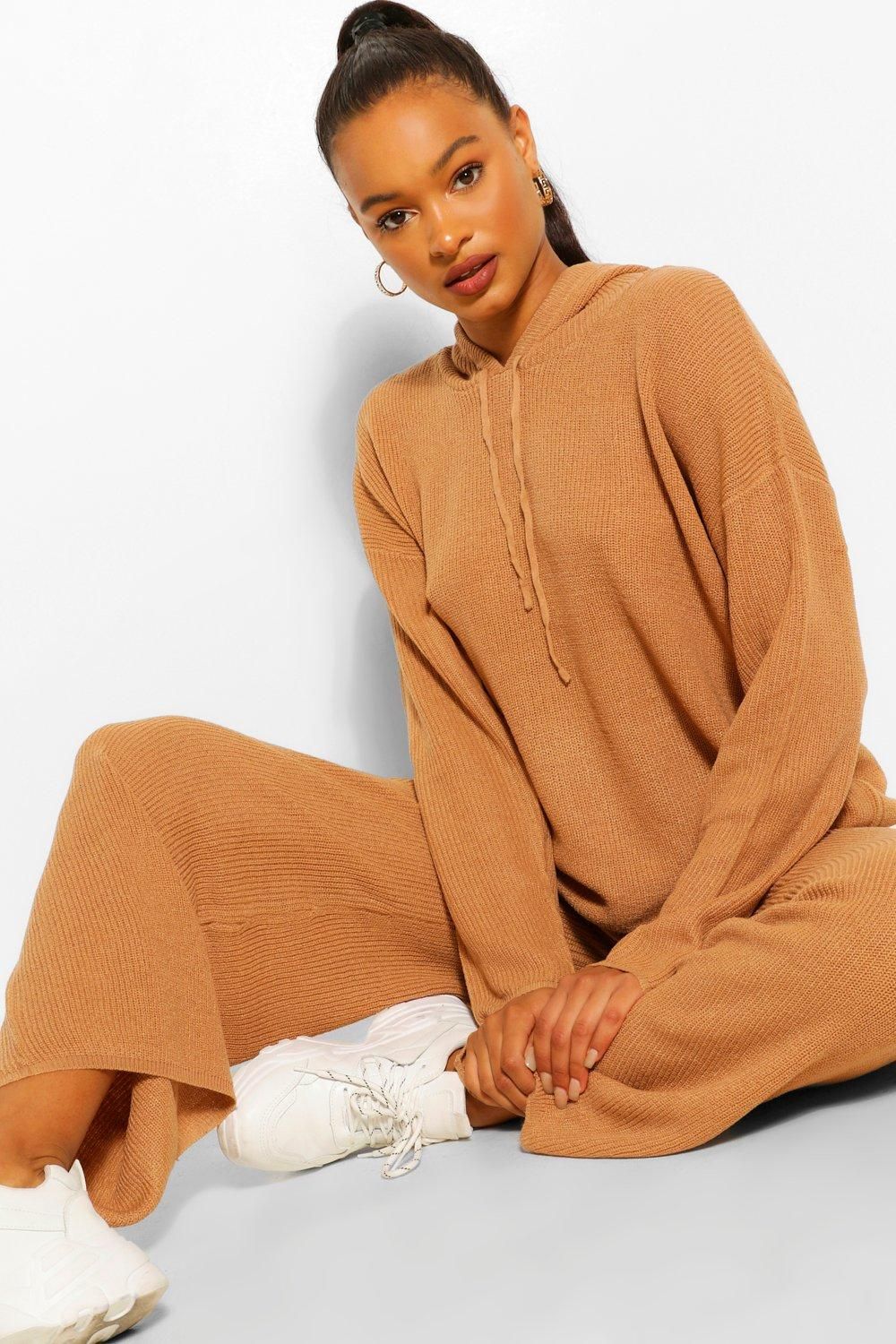 Womens Hoody Wide Leg Knit Set - Beige - S | Boohoo.com (US & CA)