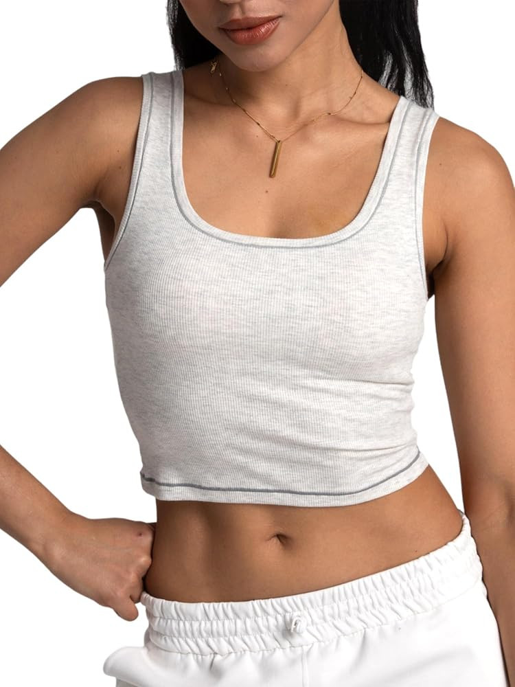Danysu Women Rib Tank Top Padded Workout Top Square Neck Crop Tank Fitted Basic Cami Tops | Amazon (US)