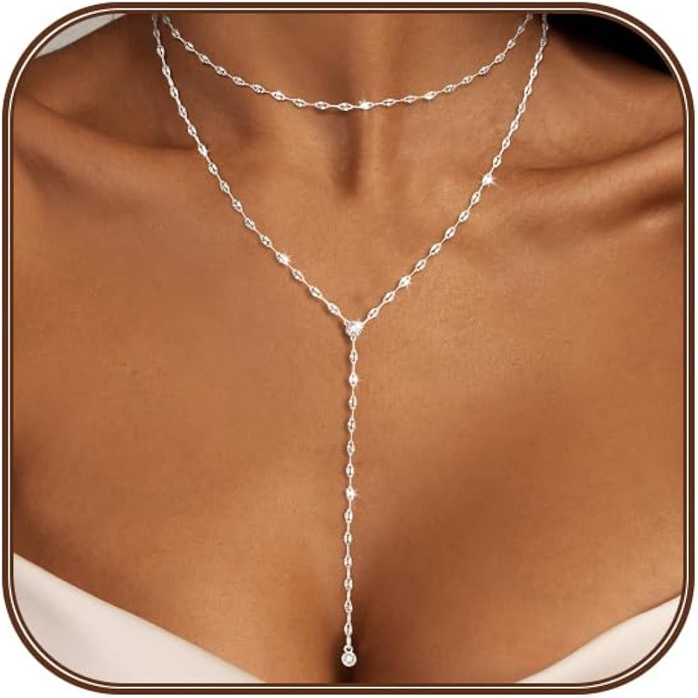 Lariat Silver/Gold Necklace for Women 925 Silver/14K Gold Plated Dainty Long Necklace Y-Shaped Dr... | Amazon (US)