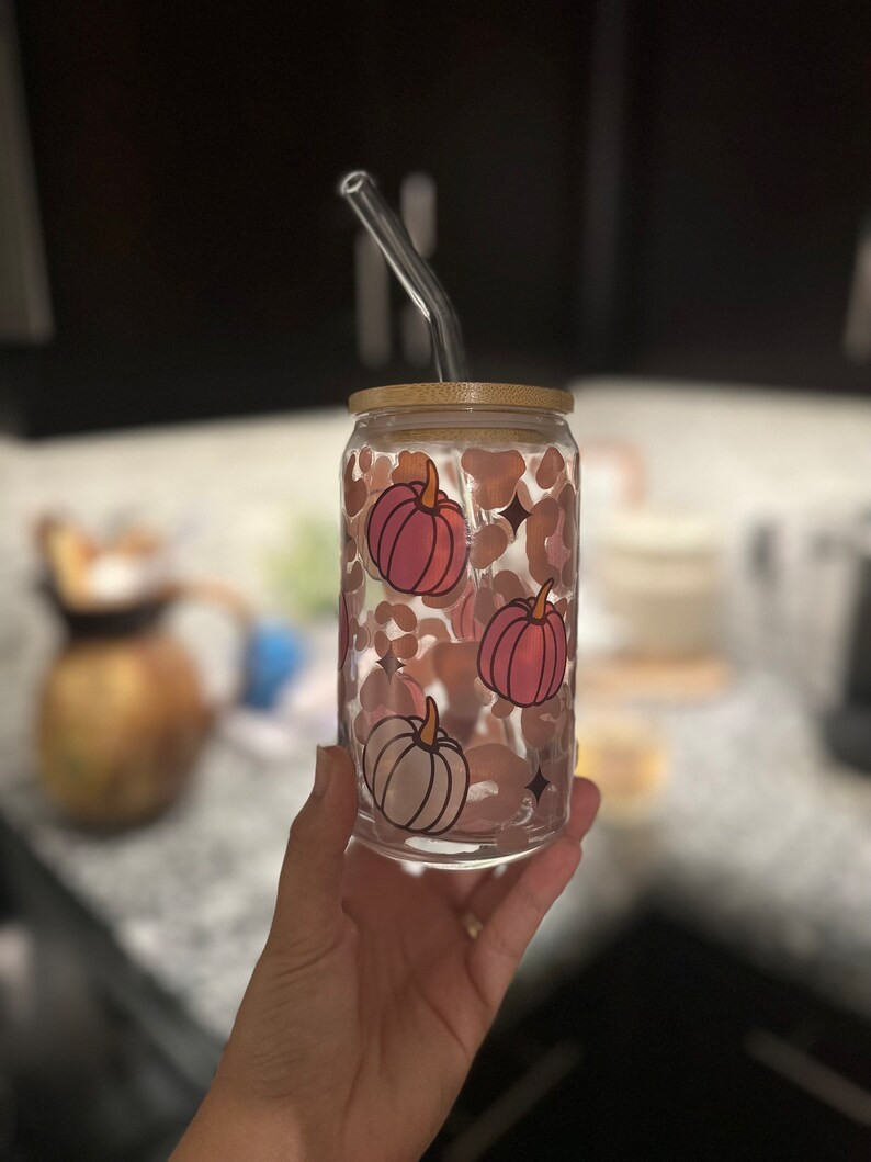 Pink and White Pumpkin Leopard Glass Can With Straw and Lid - Etsy | Etsy (US)