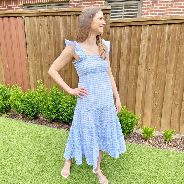 Light Blue Gingham Shirred Mom Dress | Classic Whimsy