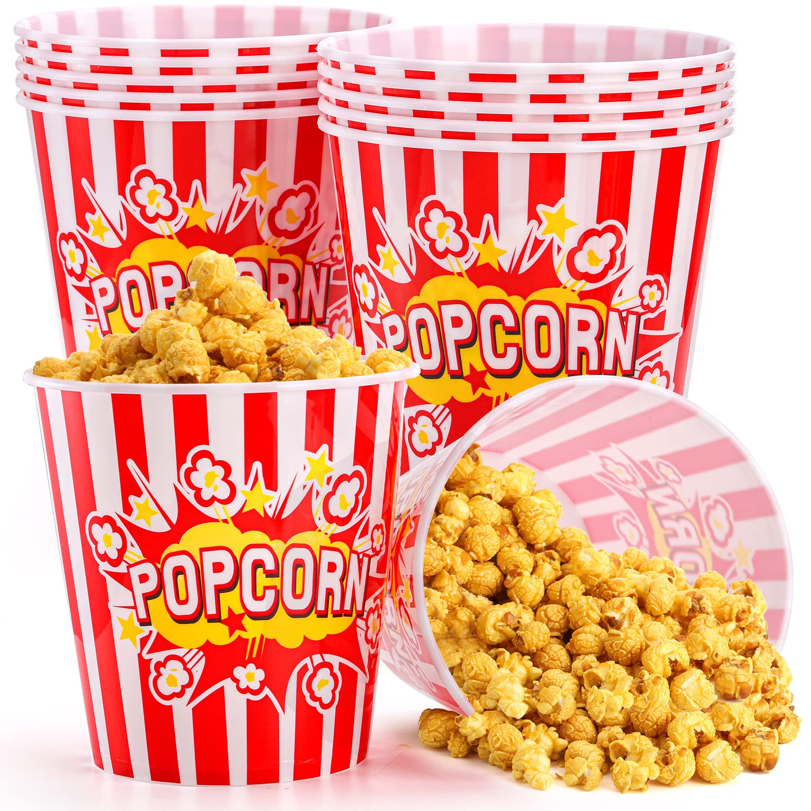 Youeon 12 Pack Large Plastic Popcorn Bowls, 95 Oz Reusable Popcorn Containers in Red & White Stri... | Amazon (US)