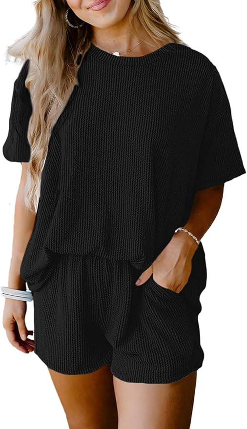 SHEWIN Two 2 Piece Sets for Women Short Sleeve Shirts High Waisted Shorts with Pockets Pajamas Lo... | Amazon (US)