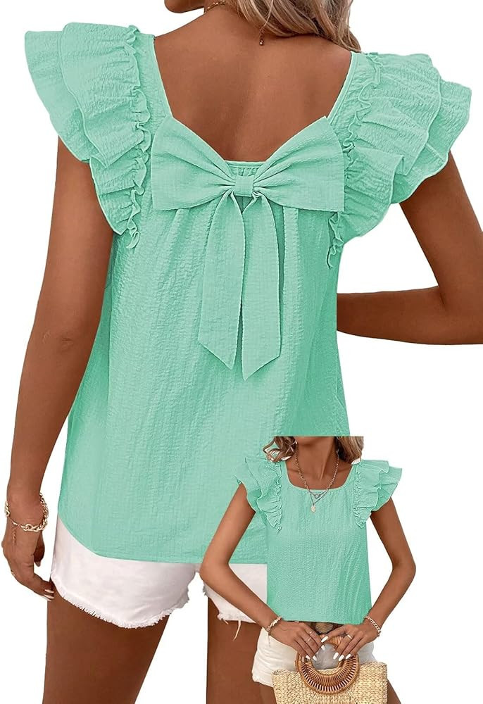 Falechay Womens Bow Tie Back Tops Round Neck Ruffle Short Sleeve Shirts Cute Babydoll Chiffon Tee... | Amazon (US)