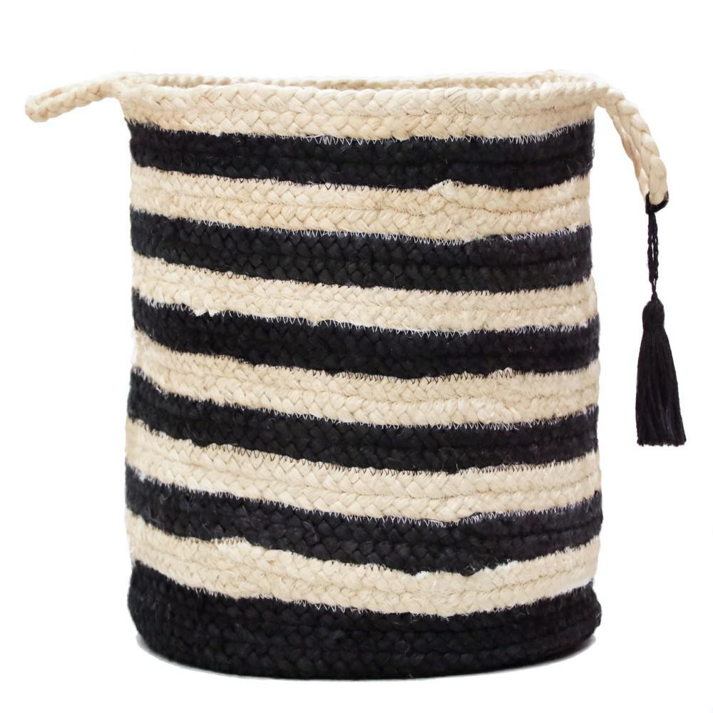 LR Home Striped Off-White / Black 17 in. Jute Decorative Storage Basket with Handles | The Home Depot