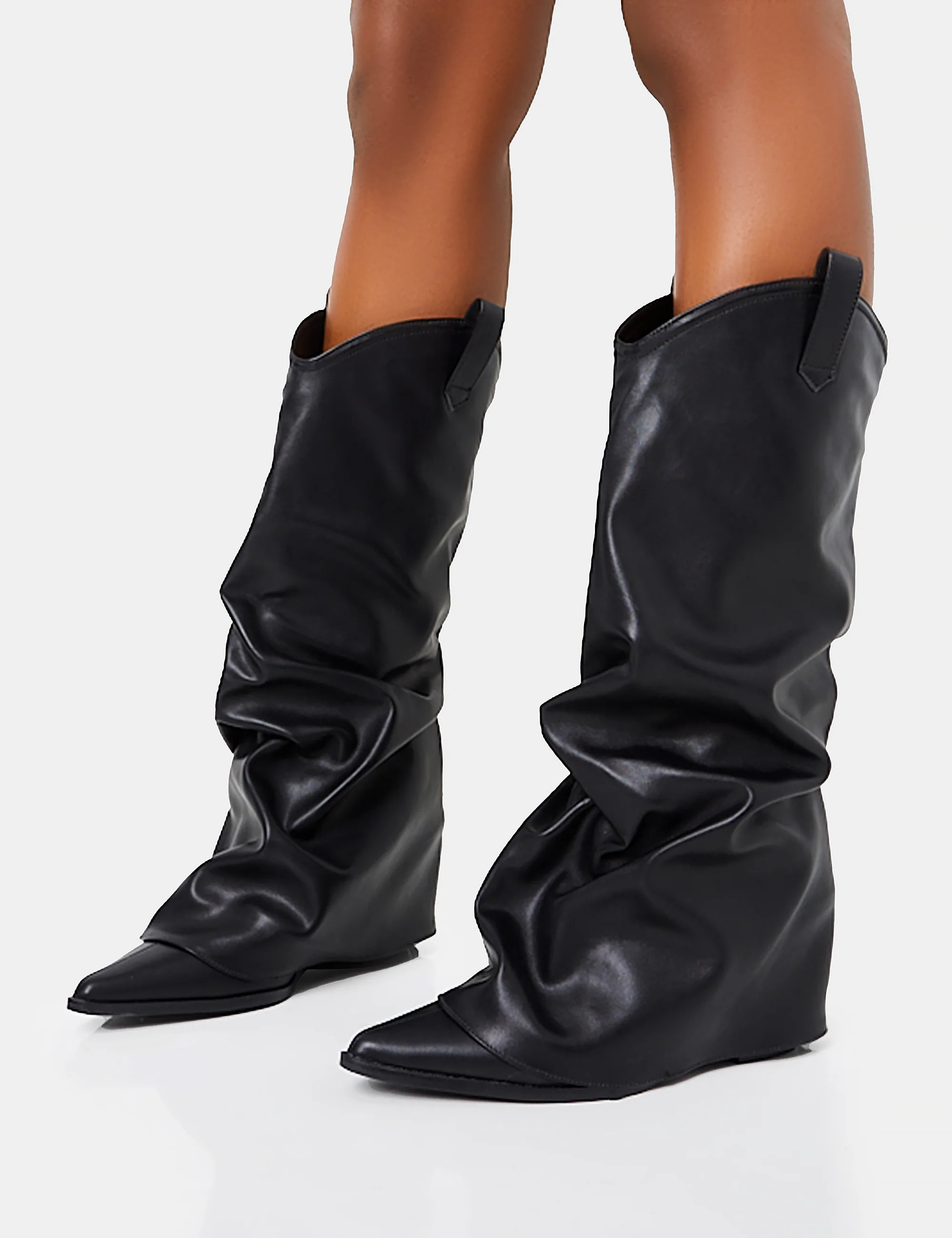 Sheriff Black Pu Western Inspired Fold Over Pointed Toe Block Heeled Cowboy Knee High Boots | Public Desire