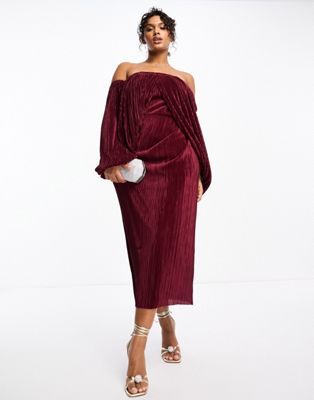 ASOS DESIGN Curve plisse overlay midi dress with open back detail in wine | ASOS (Global)