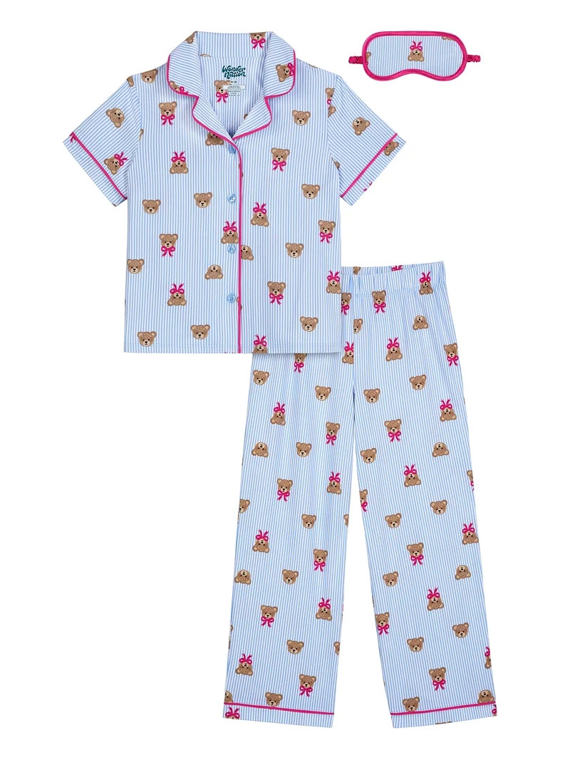 Wonder Nation Girls Short Sleeve Button Front Pajama Top and Pants Set with Eyemask, 3-Piece, Siz... | Walmart (US)