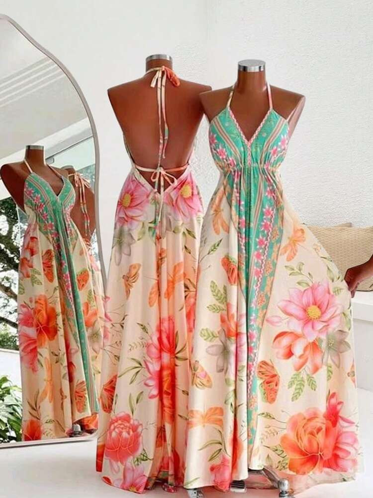 INAWLY Women's Floral Print Backless Halter Maxi Dress, Sexy Beach Vacation Style | SHEIN