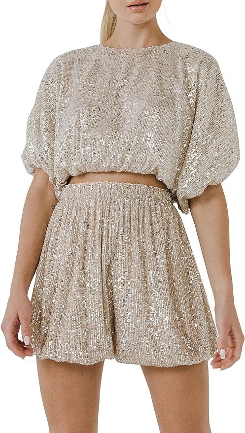 Amazon.com: Sequins Cropped Puff Top Ivory : Clothing, Shoes & Jewelry | Amazon (US)